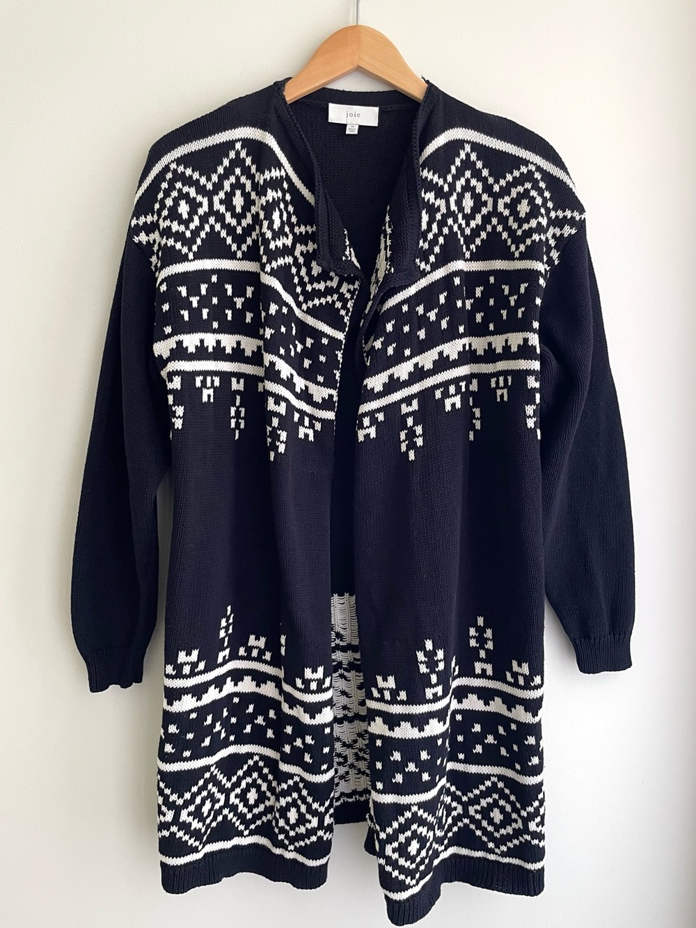 Joie Black & White Fair Isle Open-Front Long Cotton Boho Cardigan